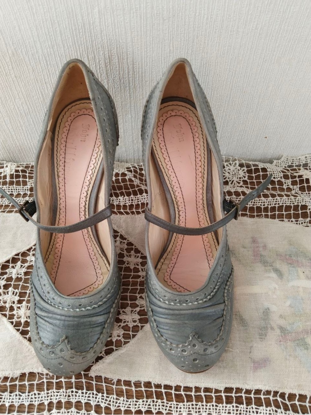 John Galliano Gray Mary Jane Heels with Brogue Trim